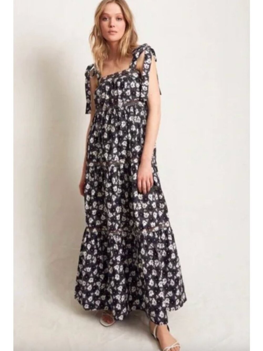 Warm Big Love Floral Tiered Maxi Dress Black White Rainbow Stitch Cotton 0